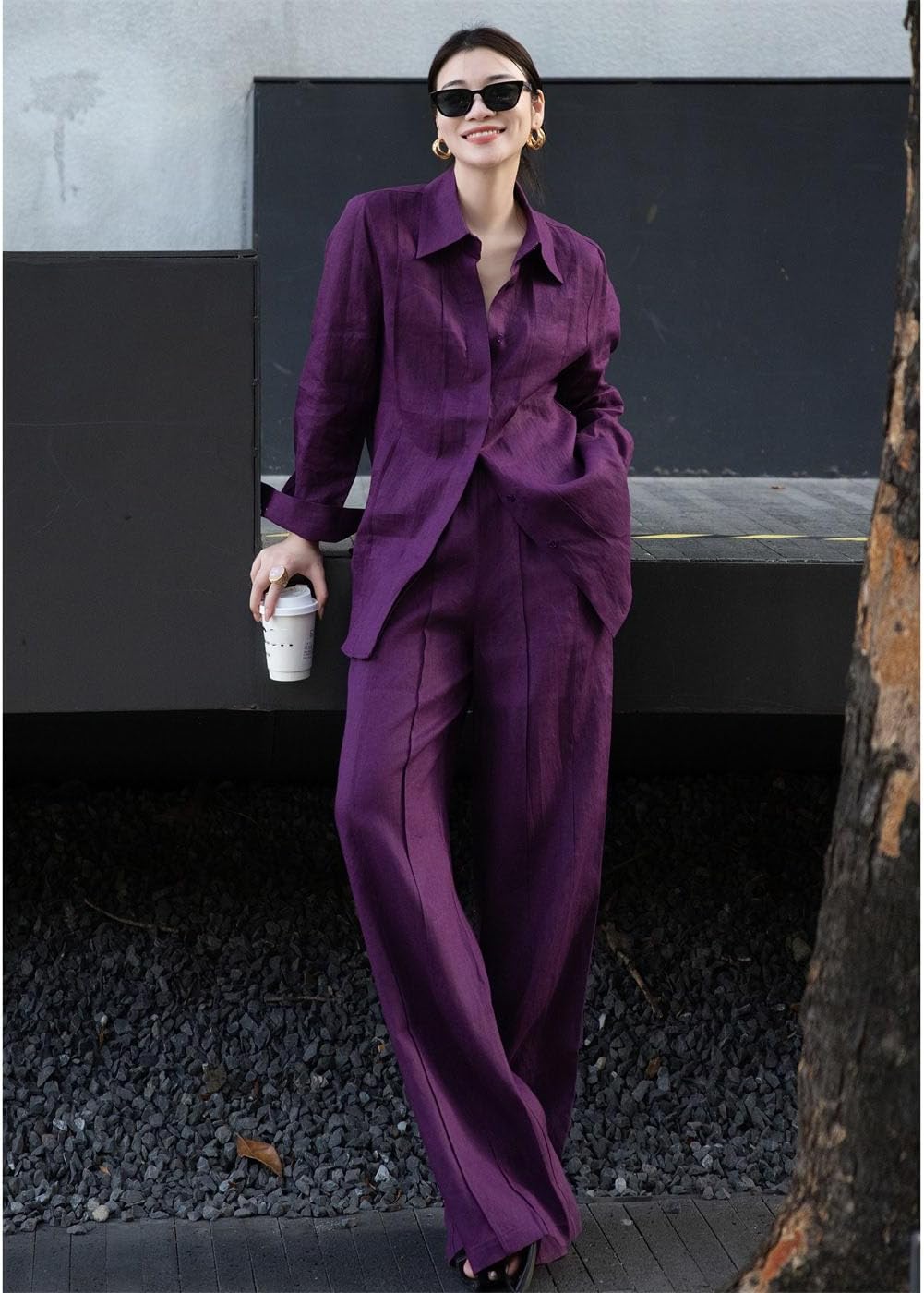 Women Spring Summer Two Piece Set Long Sleeve Shirt Wide Leg Pants Casual Outfit