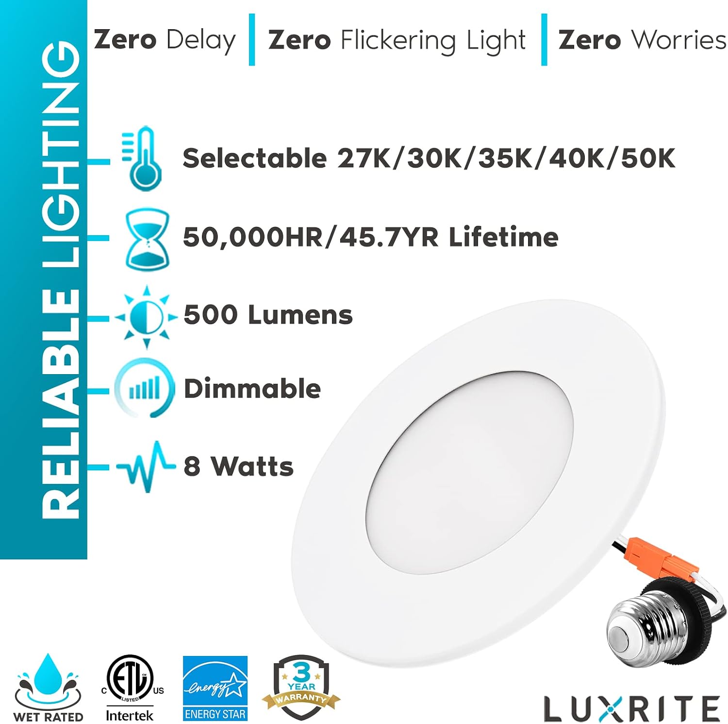 LUXRITE 6-Pack 4 Inch LED Recessed Ceiling Light, 5 Color Selectable 2700K-5000K, Magnetic Trim Downlight, Dimmable, Installs into 4 Inch Junction Box or Can Housing, 500 LM, Wet Rated