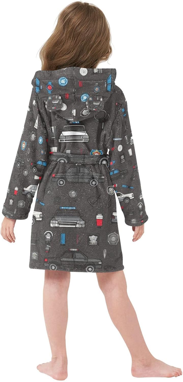 Black and White Police Cars Bathrobe Hooded PJ Robe Soft Fleece Robe Pajama Sleepwears 2-12 Years