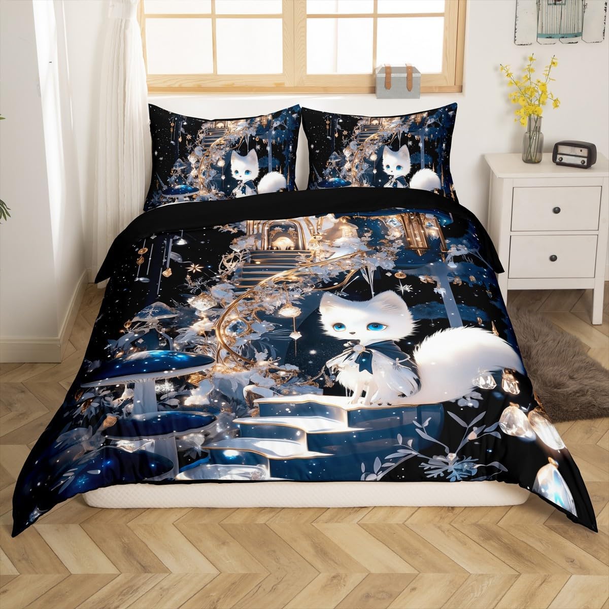 Magical Fox Duvet Cover Set Toddler Size,Princess Castle Comforter Cover 2Pcs,Cute Animals Bedding Set for Kids Girls Boys Teens Bedroom Decor,Sweet Fantasy Style Quilt Cover,1 Pillowcase
