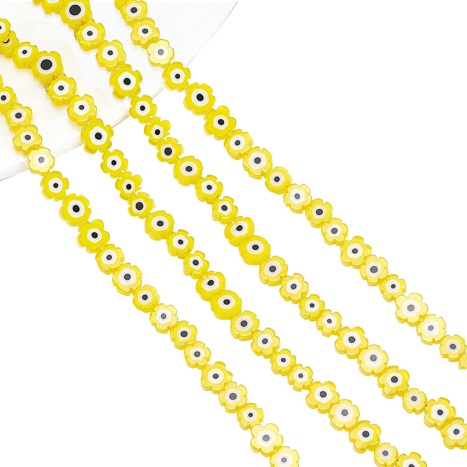 NBEADS 2 Strands 113 Pcs Flower Shaped Evil Eye Beads Flat, 6mm/7mm Handmade Lampwork Spacer Evil Eye Charms Turkish Loose Beads for DIY Jewelry Making, Yellow — image 1