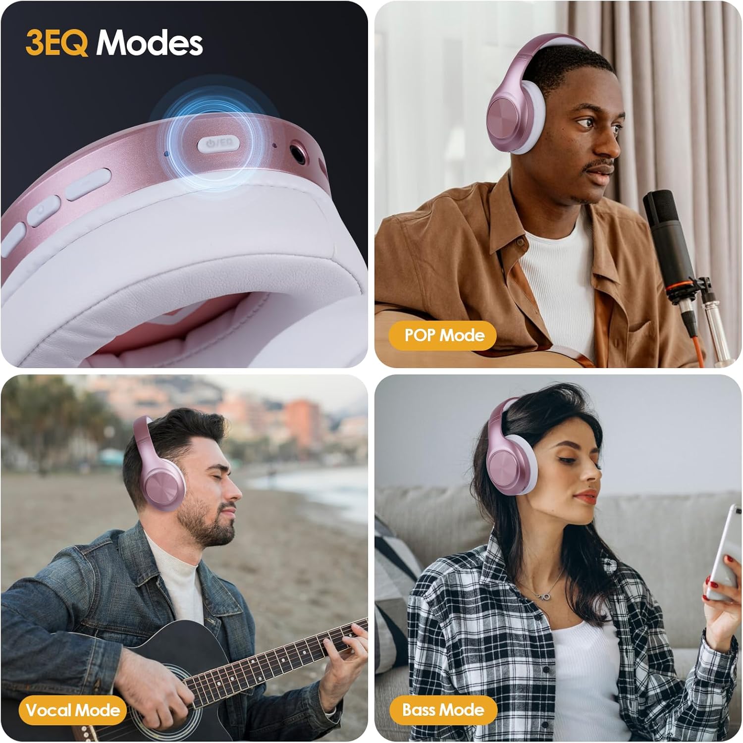 Four images demonstrating the 3 EQ modes: Pop Mode, Vocal Mode, and Bass Mode, with a close-up of the EQ button on the headphone