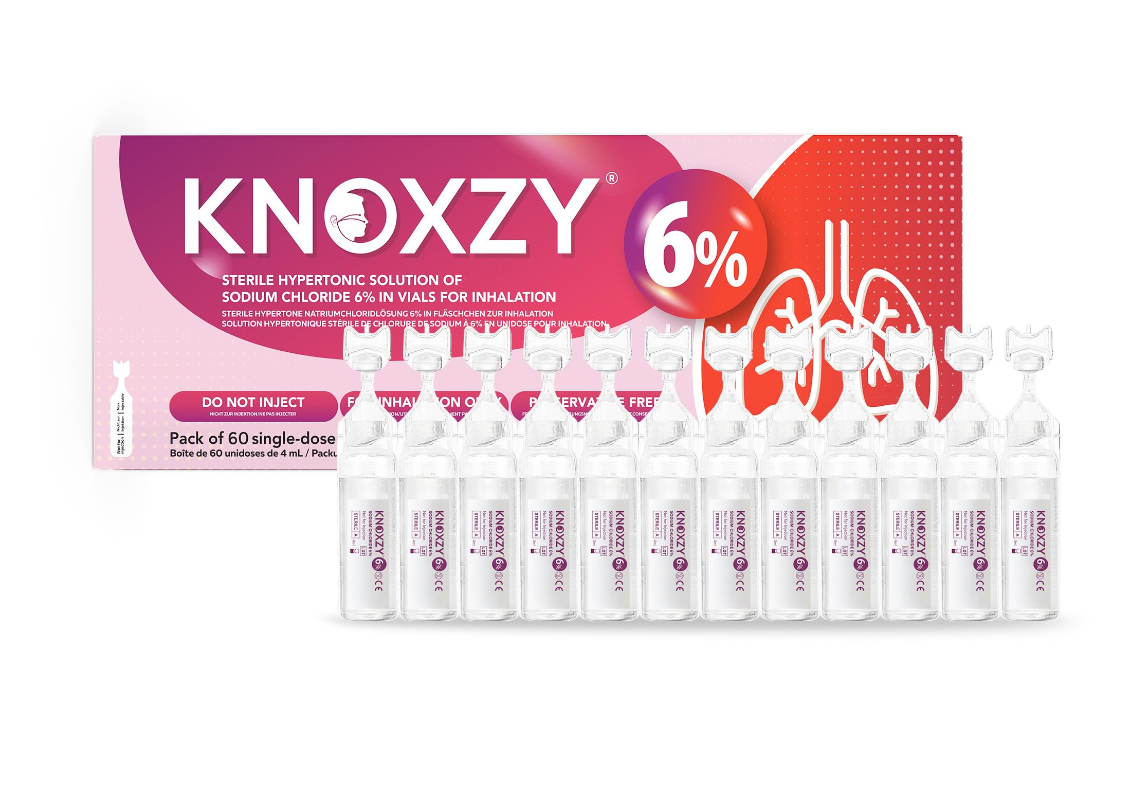 KNOXZY Hypertone Kochsalzlösung zur Inhalation 6%. Inhalationslösung für Erwachsene und Kinder. Die Box enthält 60 Einzeldosis-Ampullen à 4 ml.