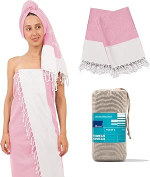 THREAD SPREAD Herringbone Turkish Beach Towels 2 Pack - 100% Cotton Quick Dry Lightweight & Absorbent, Large Turkish Bath Towels for Travel, Sand Free Oversized Beach Towel Quartz Pink, 39" x 71"