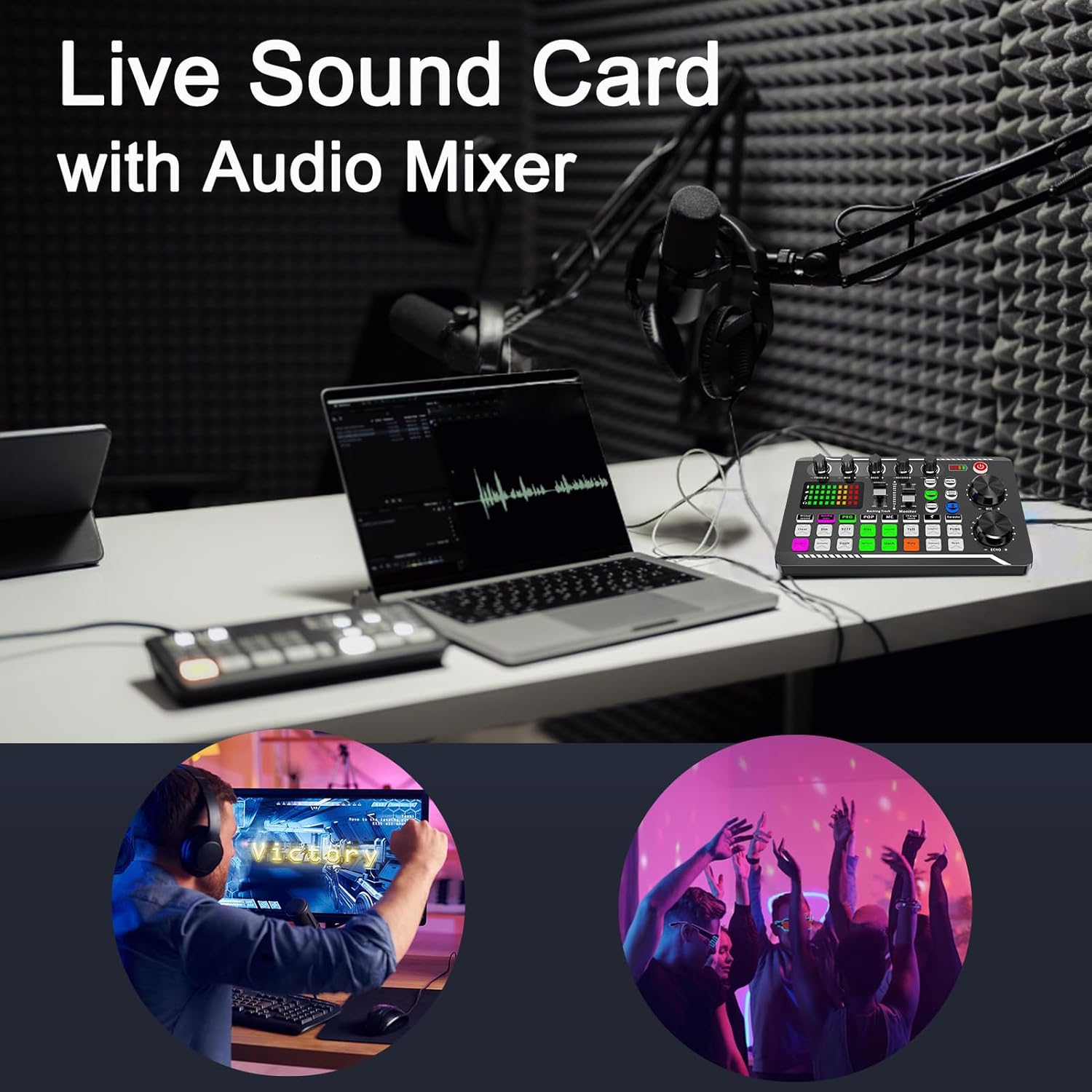 F998 Live Sound Card & Audio Mixer with 16 Voice Effects, Vocal Changer for Streaming Podcast Recording - Portable Studio Mixer with Reverb, Noise Reduction, Monitor Output (F998)