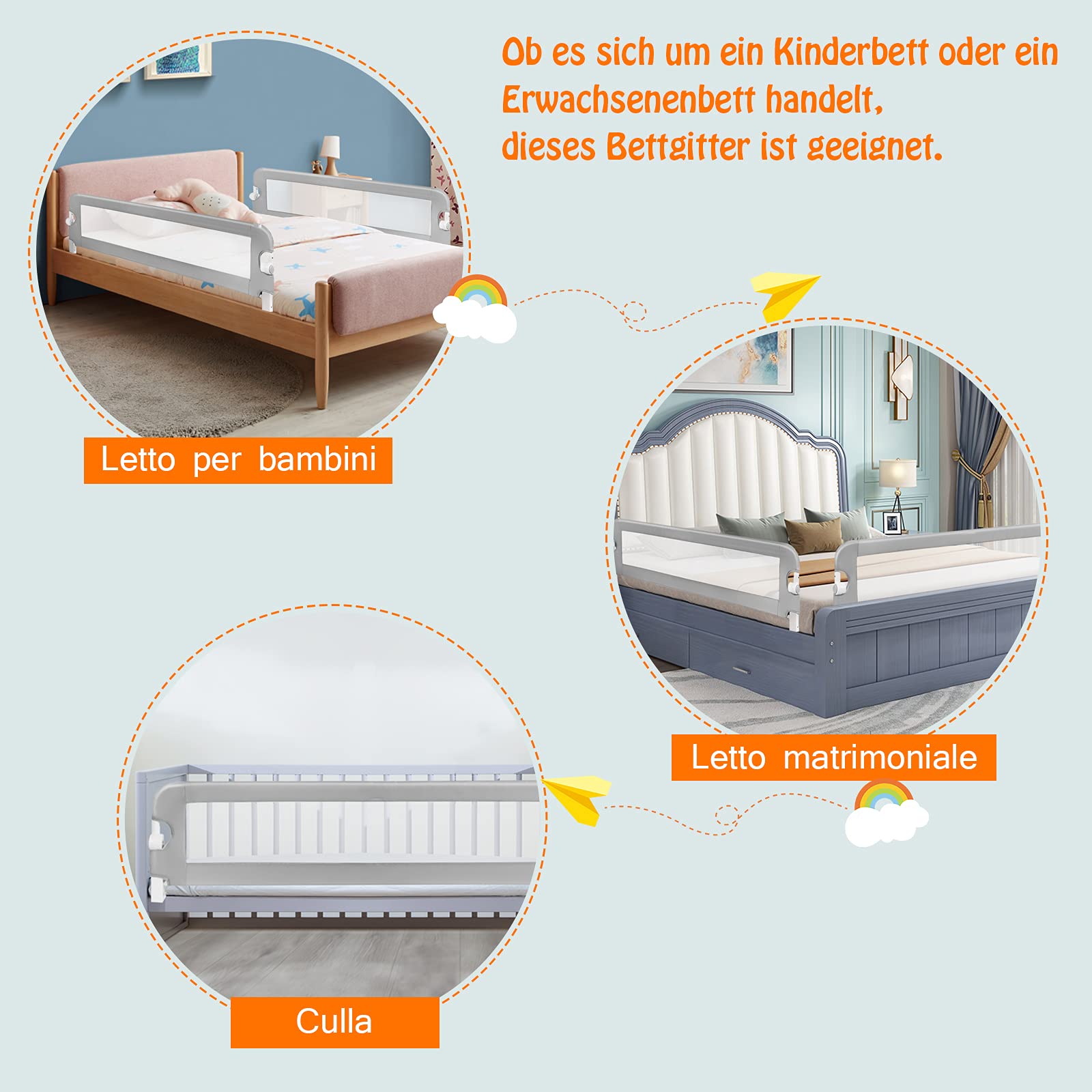 GYMAX Sponda del Letto per Bambini, Paracolpi Barriera di Sicurezza Pieghevole per Lettino, Letto Singolo Matrimoniale Queen King (Grigio, 105 x 38 x 43 cm)