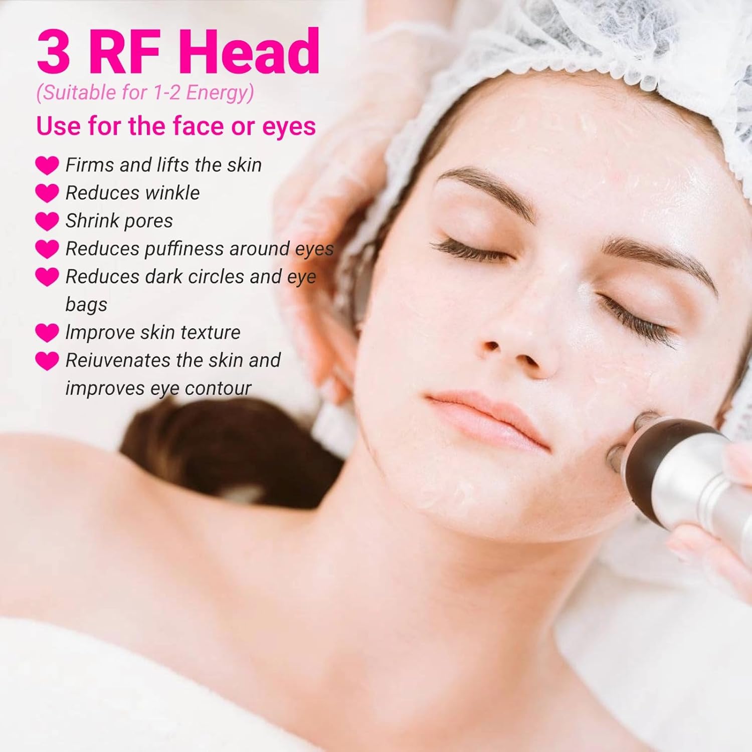 Person receiving treatment with the 3 RF Head on their face near the eye area.