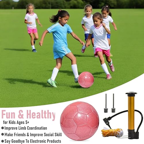 Miniatura 6 de Juego de pelota de fútbol con purpurina con inflador, tamaño 3, 4, 5, bolas de entrenamiento rosa dorado y morado para jóvenes, adolescentes y