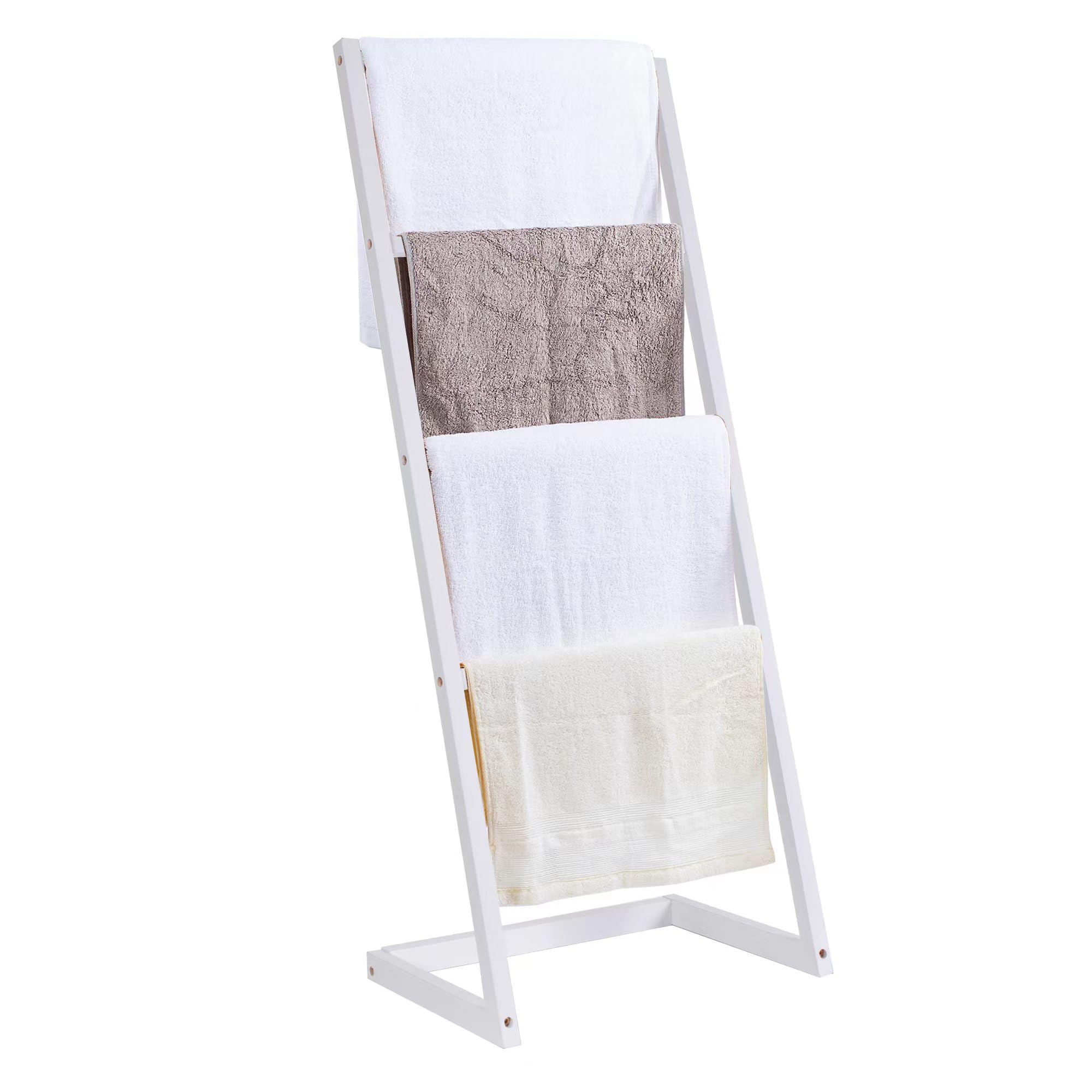 Vencier White Bamboo Freestanding Towel Rack Drying Stand With Four Hanging Rails Wooden Bathroom Clothes Rack Clothing & Towels Freestanding Holder (White)