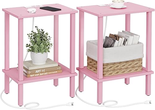 Miniatura 11 de TUTOTAK Mesa auxiliar con estación de carga, mesa auxiliar con puertos USB y tomacorrientes, mesita de noche, estante de almacenamiento de 2