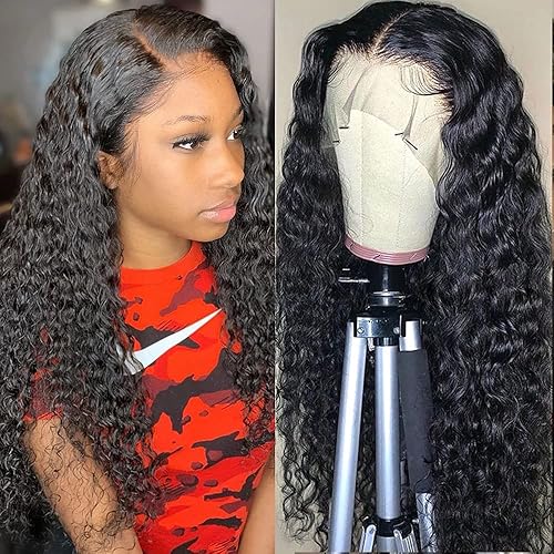 Kropan Water Wave Lace Front Wigs Human Hair Brazilian Virgin Human Hair 13X4 Lace Frontal Wig 180% Density Pre Plucked With Baby Hair Natural Black Wigs 24 Inch