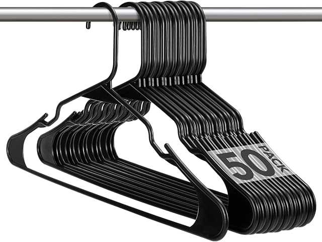 House day Strong Black Plastic Coat Hangers 50 pack 16.5" / 42cm wide, Fit for Adult, Children above 10, Odourless Package, with Convenient Hooks