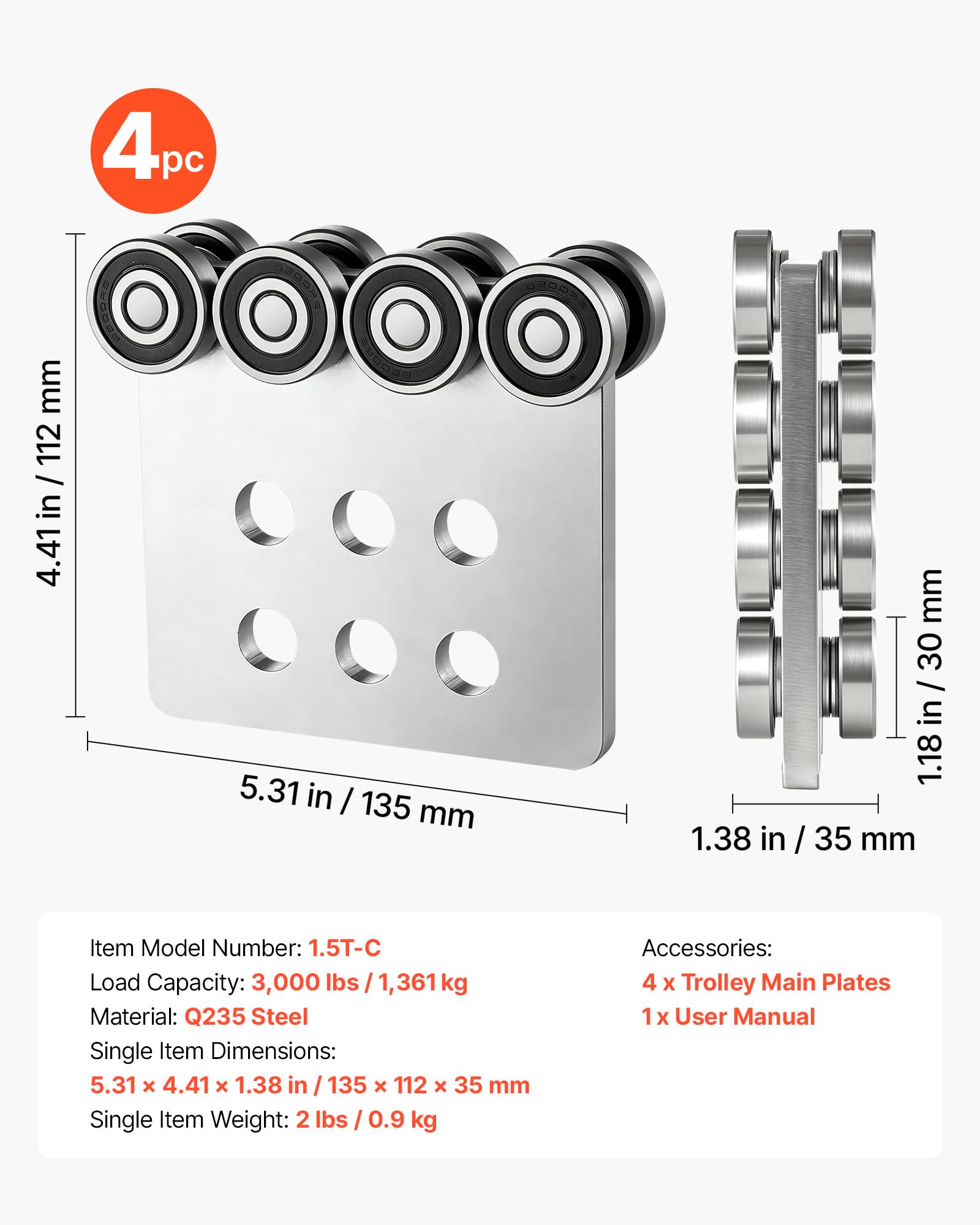 VEVOR Rulli per Trave a C Sistema a 8 Ruote Kit 4 Pezzi Carico Max 1361 kg, Carrello a Rulli per Paranco Elettrico, Ruota con Doppio Cuscinetto, per Profilati 1-5/8'', Uso Industriale Magazzino Garage