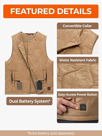 ORORO Women's Quilted Heated Vest (Khaki, XL) and Extra Battery
