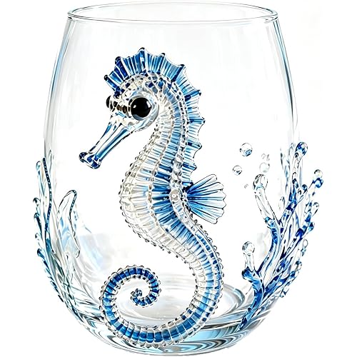 Artisanal Blue Ringed Octopus Glassware, 3D Octopuses Stemless Wine Glasses, Handcrafted Marine Animal Bar Glass, Coastal Home Decor Gift for Ocean Lovers (Seahorse)