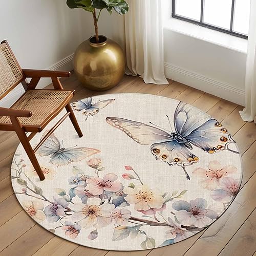 Miniatura 2 de Round Rugs 8ft, Flowers Butterfly Non-Slip Area Rugs for Living Room Bedroom Entryway, Watercolor Retro Botanical Flowers Washable Carpet Runner Rug