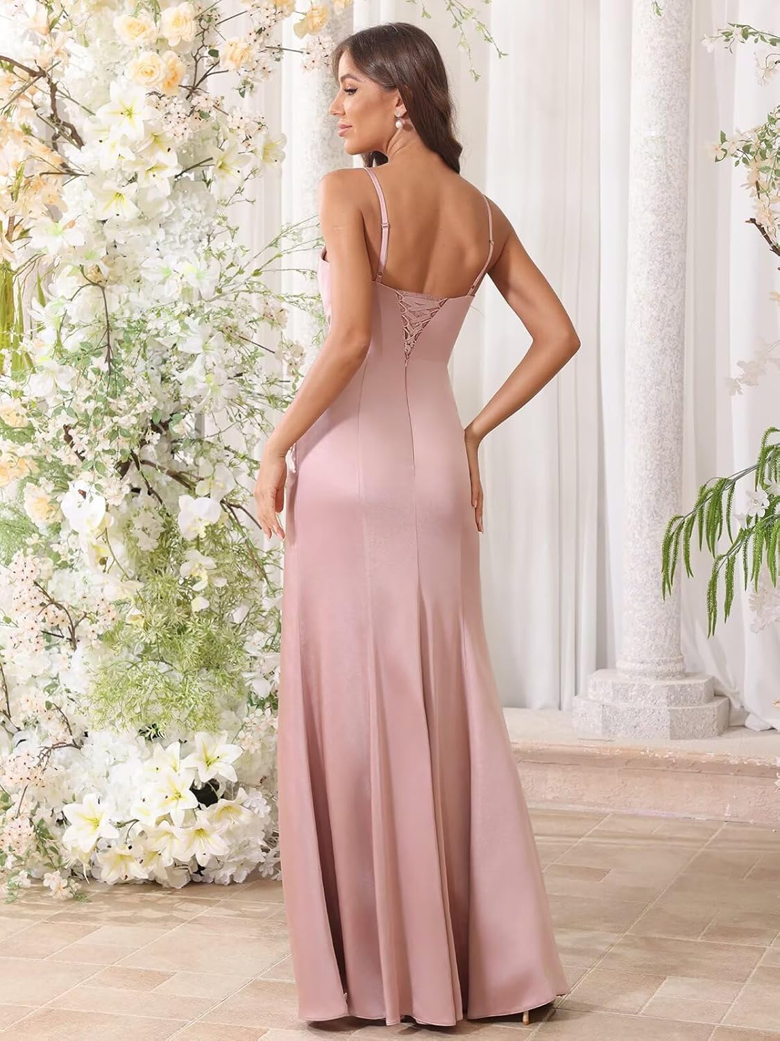 Xijun Satin Spaghetti Straps Bridesmaid Dresses Square Neck Pleated Mermaid Prom Dress Formal Party Gown with Slit