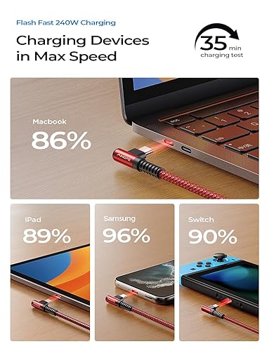 Vista 45 de AINOPE Cable USB C a USB C de 240 W (paquete de 2 unidades de 6.6 pies USB C) USB C a USB C, cable de carga rápida USB C en ángulo recto para iPhone