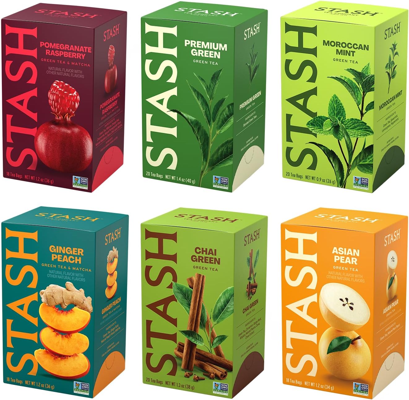 STASH Green Tea Variety Pack – Caffeinated, 6 Boxes of 18-20 Tea Bags Each – Pomegranate Raspberry, Premium Green, Moroccan Mint, Ginger Peach, Chai Green & Asian Pear Harmony