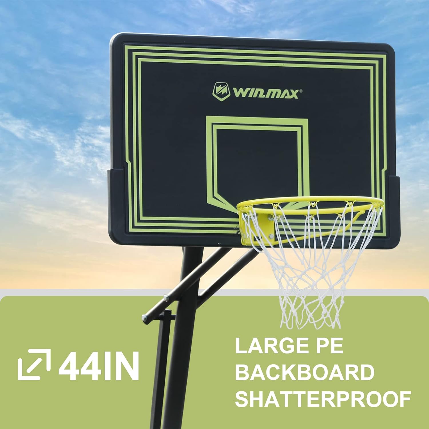WIN.MAX Portable Basketball Hoops & Goal Outdoor Basketball Equipment Height Adjustable 8 FT to 10 FT 44 Inch Premium PC Backboard with Wheels for Youth Kids & Adults Outside Indoor Use (PE) : Sports & Outdoors