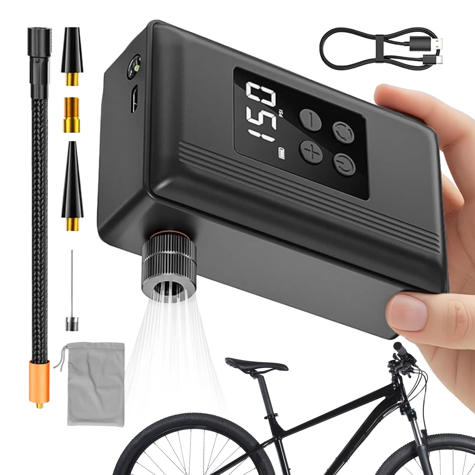 Pompa per Biciclette Spegnimento Automatico con Manometro LED | Gonfiatore Portatile Per Bici Per Palloncini, Anelli Da Nuoto, Gonfiabili, Giocattoli Da Piscina, Ciclismo Strada E