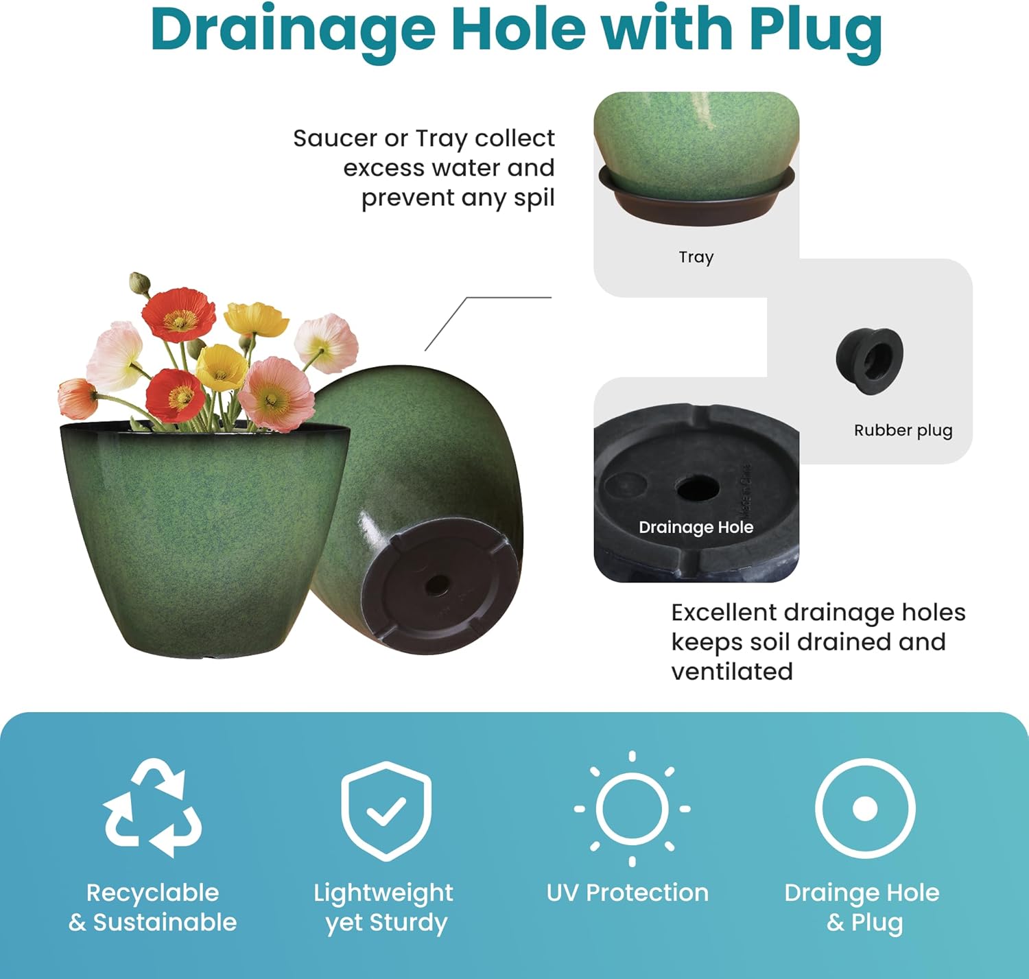 Vanslogreen 2 Pack Plant Pots for Indoor Outdoor Plants, 8 inch Plastic Flower Pots, Glazed Planter for Aloe, Herbs, Cactus (Green, 2pcs)