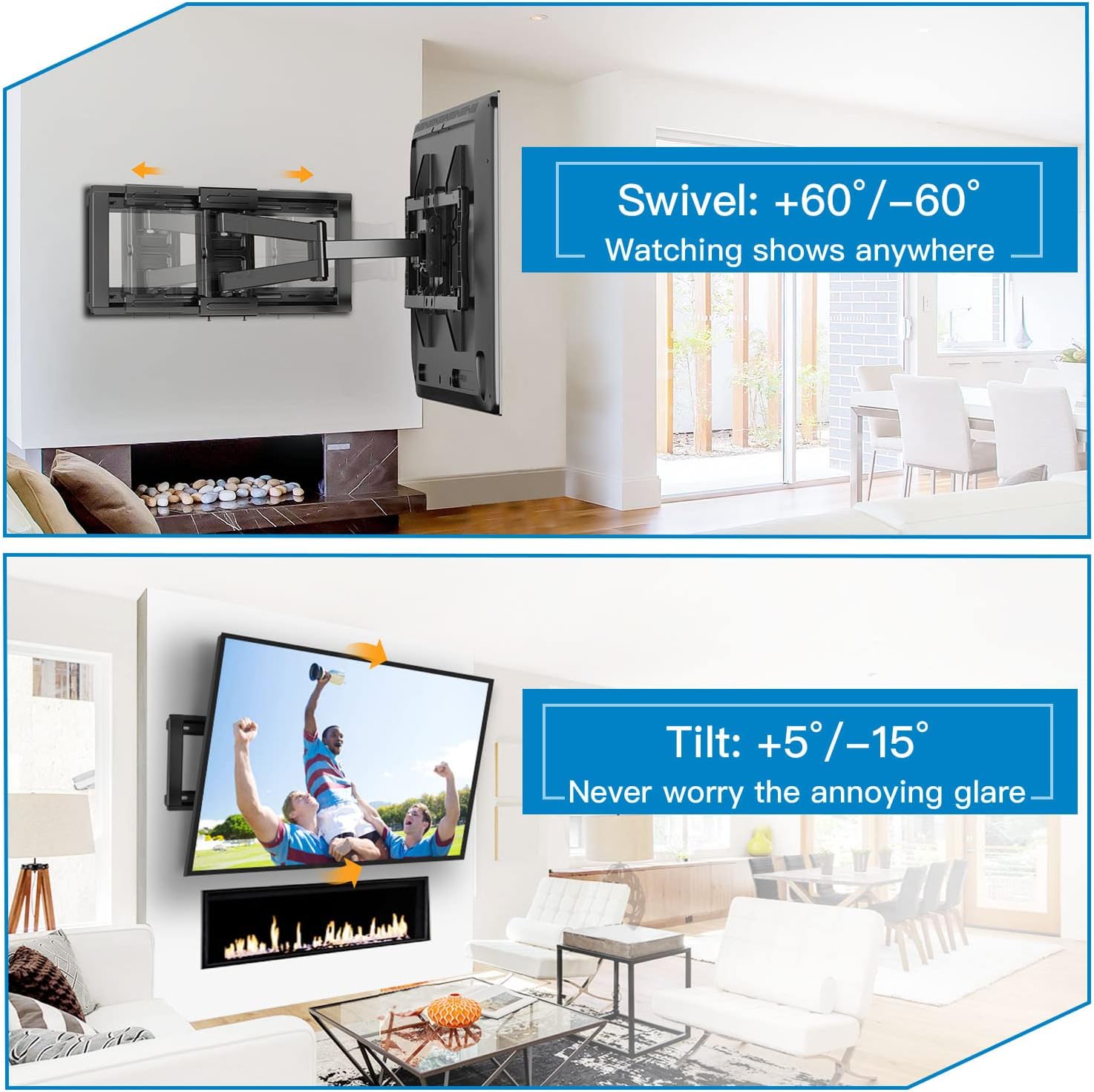 Image demonstrating the swivel and tilt capabilities of the TV wall mount, showing the TV angled left and tilted downwards.