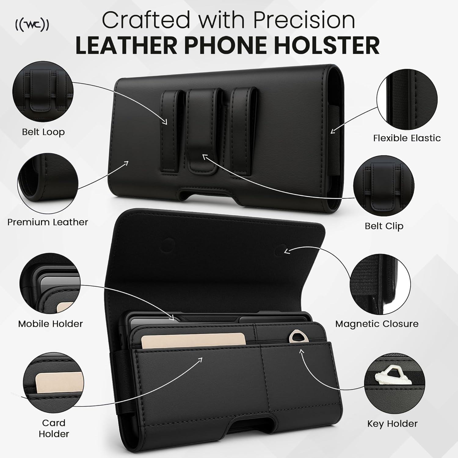 Wireless City Leather Phone Holster for iPhone 17/17 Pro, 16/16 Pro/16e, 15/15 Pro, 14/14 Pro, 13/13 Pro, 12/12 Pro, 11, XR Horizontal Belt Clip Phone Pouch Card Holder Magnetic Closure Phone Case - Image 3