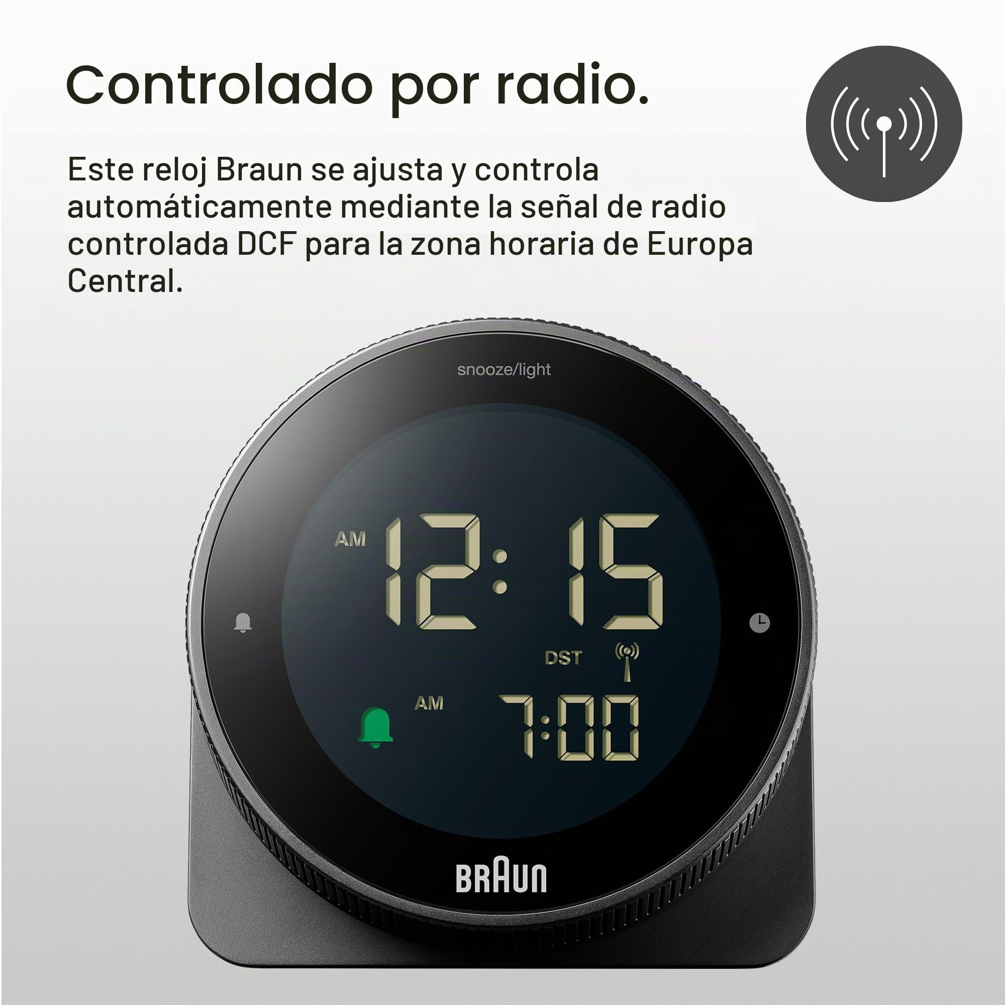 Braun Reloj Despertador Digital controlado por Radio para Zona horaria de Europa Central (DCF), Pantalla LCD inversa, Bisel Giratorio para Ajuste rápido de la Hora, Blanco, Modelo BC24B-DCF