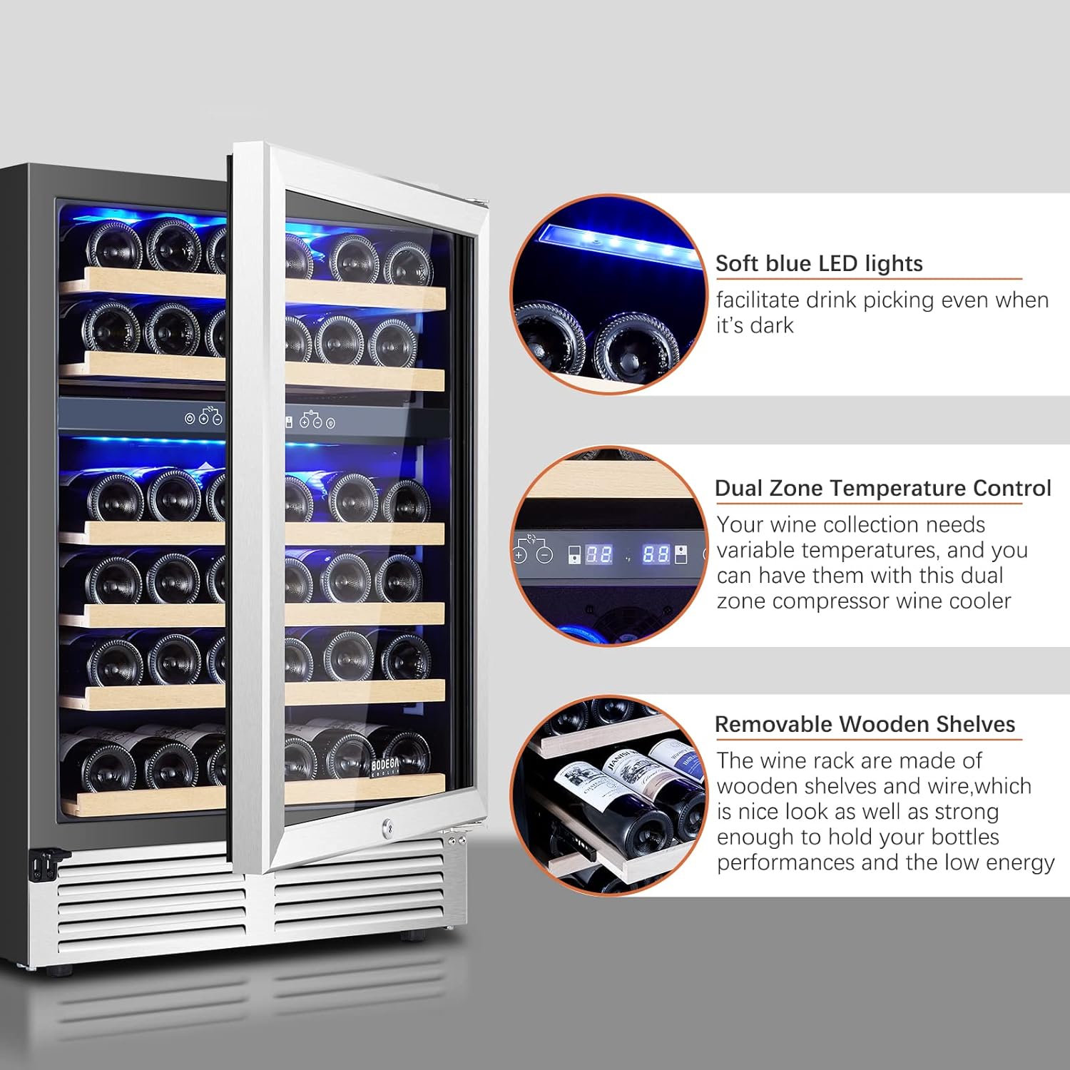 BODEGA 24 Inch Wine Cooler Refrigerator 46 Bottle Dual Zone Wine Fridge with Double-Layer Tempered Glass Door and Temperature Memory Function,Built-in or Freestanding