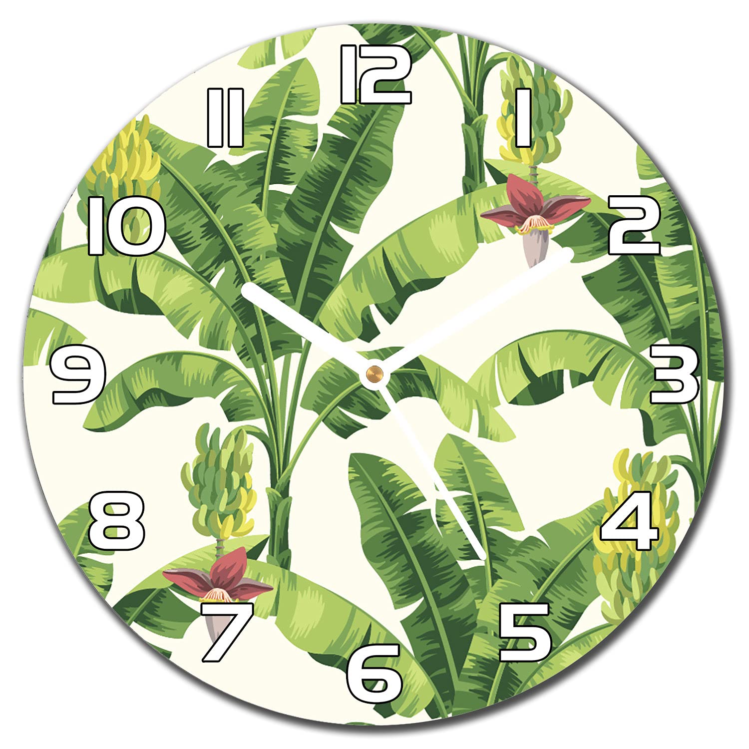 Horloge en verre 30 cm Banana Palms jungle pour décoration de cuisine et de salon moderne
