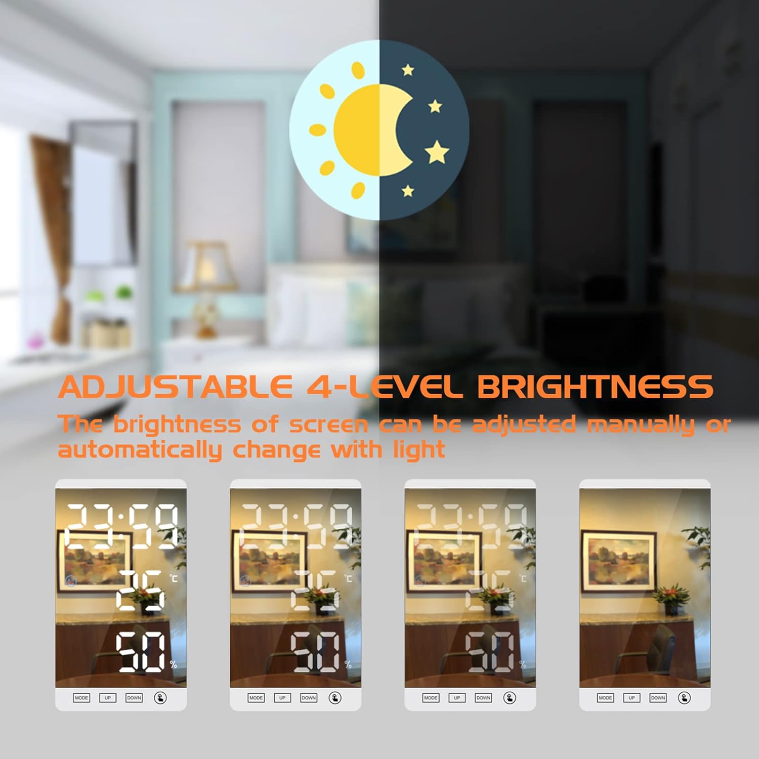 Image showing a woman using the ThreeH Digital LED Alarm Clock's reflective surface as a mirror for daily grooming.