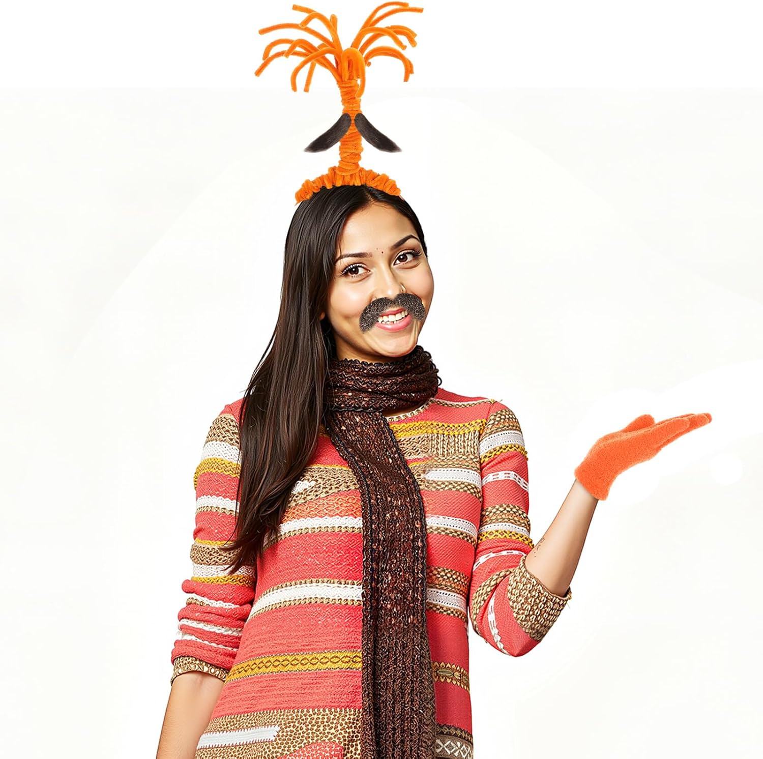 Coume 6 Pcs Halloween Inside Costume Adults Orange Emotion Anxious Costume Accessories Include Orange Wig Headband, Gloves, Eyebrows and Beard for Halloween Costumes Cosplay Party - Image 6