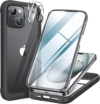 Miracase for iPhone 15 Case Clear Full-Body Built-in Glass Screen Protector &Camera Protector, Military Drop Proof 15 Phone Case 360 Degree Shockproof Protective Cover Bumper 6.1 inch, Black
