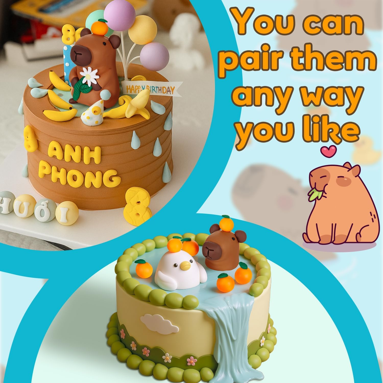 Gemscream 10 Pcs Capybara Cake Toppers Capybara Birthday Party Cake Decoration Soft Clay Imitation Woodland Duck Animal Orange for Birthday Baby Shower Party