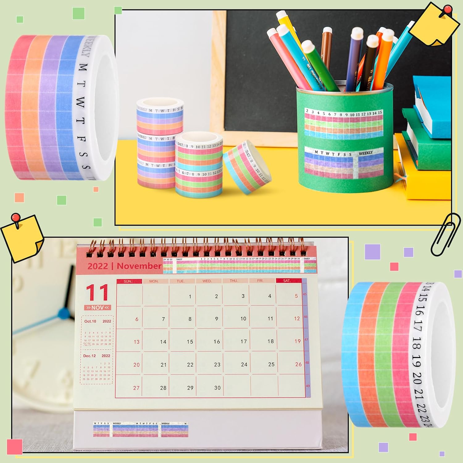 Epakh 6 Rolls Calendar Washi Tape Set Writable Day Week Month Number Calendar Tapes Habit Tracker Washi Tape Set Decorative Masking Tapes for Journals Back to School Supplies for Students Teachers