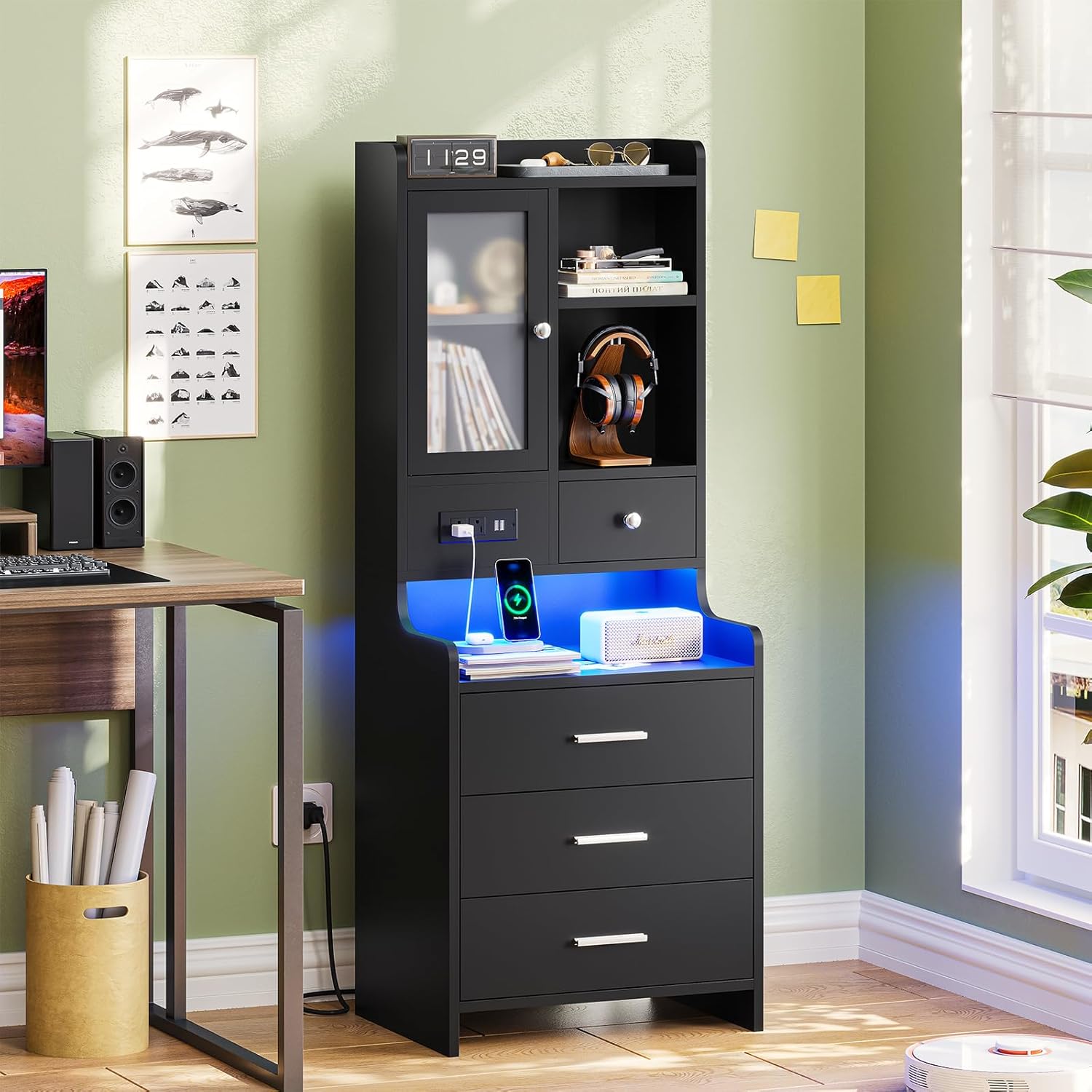 ADORNEVE Tall Night Stand with Charging Station and LED Lights,49.2" Nightstand with Bookshelf, Black Bedside Table with Drawers,End Side Table for Bedrooms