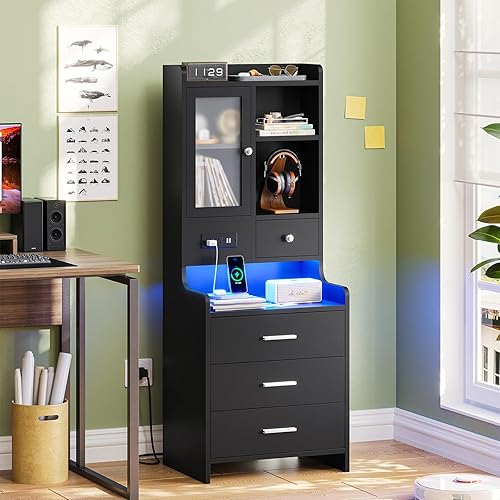 Miniatura 7 de ADORNEVE Juego de 2 mesitas de noche negras con estación de carga, mesita de noche LED de 49.2 pulgadas para dormitorio, mesita de noche alta con