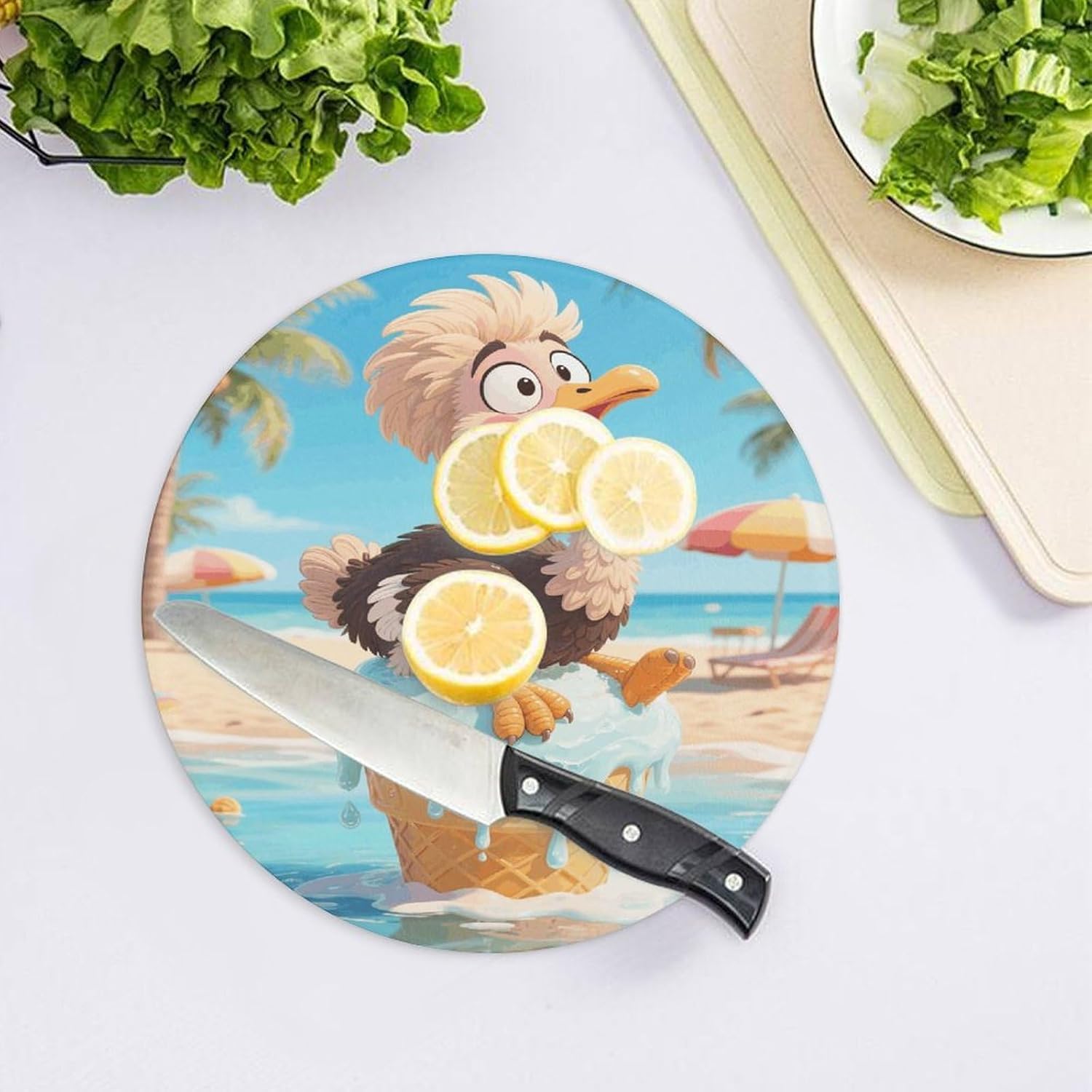 Funny Ostrich Tempered Glass Cutting Board Sturdy Chopping Block Personalized Large Butcher Block Lightweight Round Chopping Mat for Kitchen Non Slip