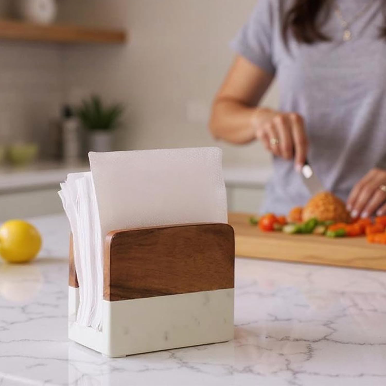 Marble & Acacia Wood Napkin Holder – Modern Upright Paper Napkin Holder for Kitchen Table, Heavy Base Sturdy Tabletop Accessory, Perfect Farmhouse Kitchen Decor Gift