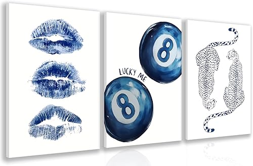 GELDSTEI Preppy - Arte de pared de guepardo azul, imágenes estéticas retro de 8 bolas, diseño de labios de beso, lienzo envuelto en lienzo moderno