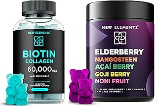 New Elements Biotin Gummies 10000mcg with Collagen Peptides 50000mcg | Elderberry Gummies with Mangosteen | Acai Berry | G...