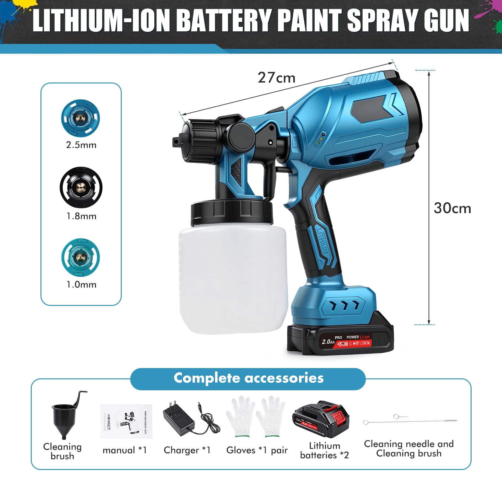 Sistema de pulverización de pintura con batería, 1000 ml, 3 patrones, pistola de pintura eléctrica con 3 boquillas y 2 baterías de 2000 mAh, para vallas, muebles, armarios, paredes, techos