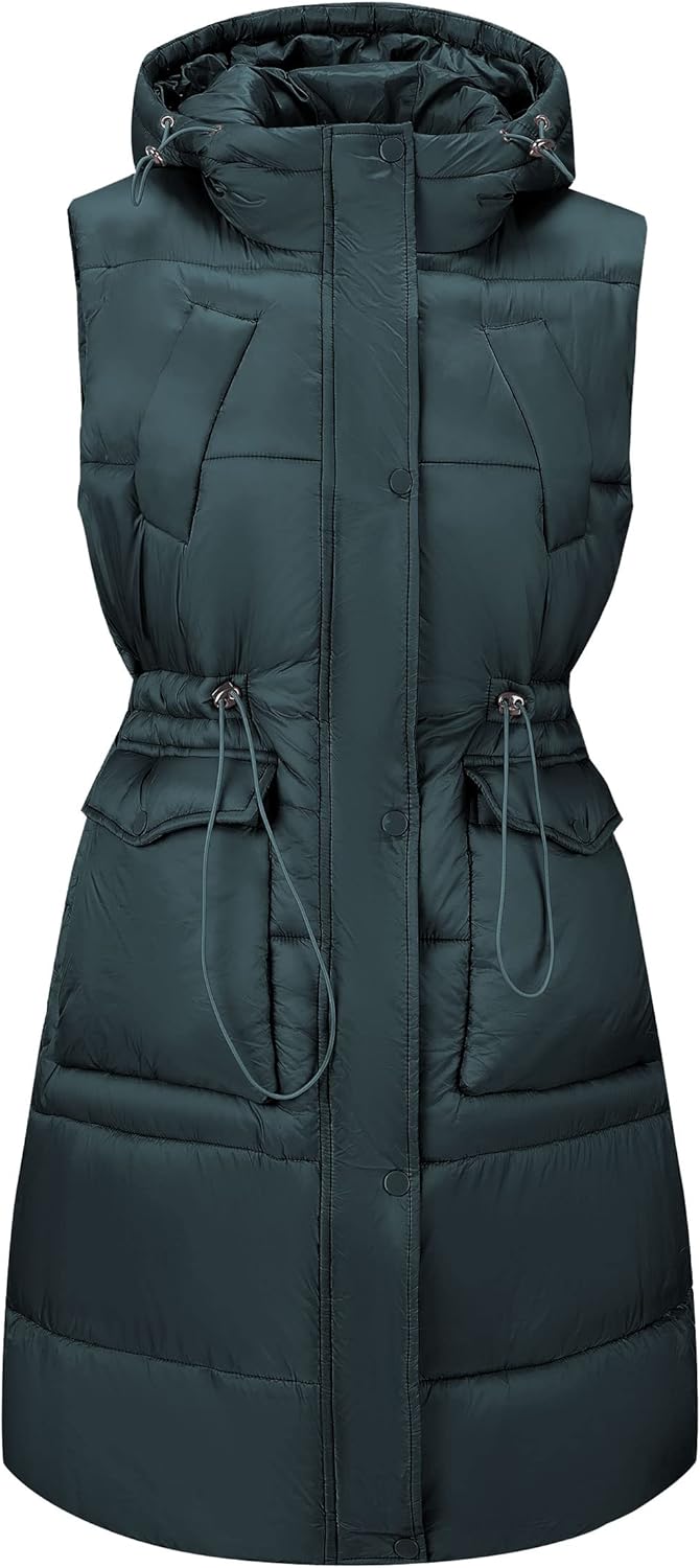 RISISSIDA Women Puffer Vest Long Puffy Quilted Hooded Jacket Fall Spring Gilet Sleeveless Green (S size)