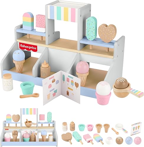 Fisher-Price Juego de tienda de helados de juguete de simulación de madera, juego de 18 piezas de comida de madera para niños preescolares a partir