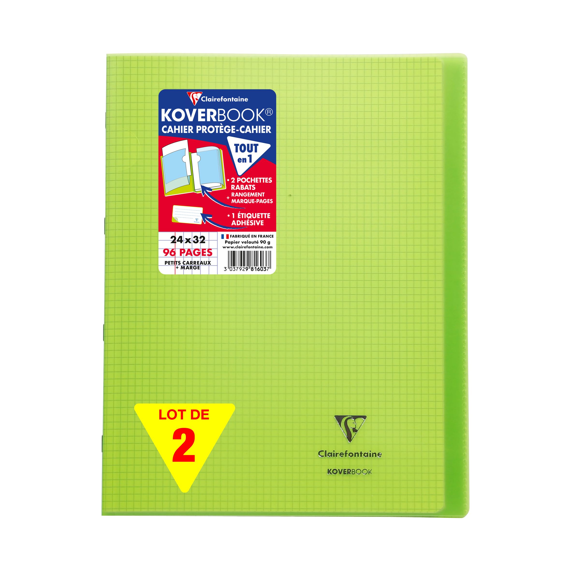 Clairefontaine 981603AMZC Set of 2 Green Koverbook Stapled Notebooks - 24x32 cm - 96 Small Square Pages with Margin - White Paper 90 g - Polypro Cover