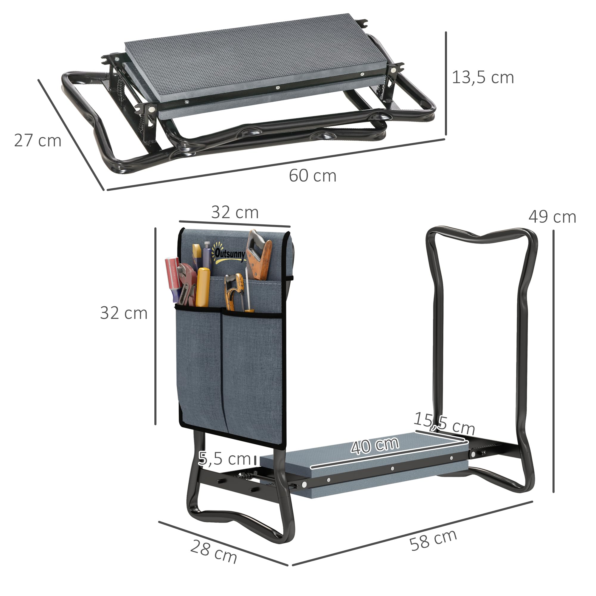 Outsunny Taburete de Jardín Plegable con Almohadilla de Espuma EVA, Asiento de Jardín 2 en 1 con Bolsa para Herramientas, Portátil, Carga 150kg, Regalo para Jardinería, Jardineros y Ancianos