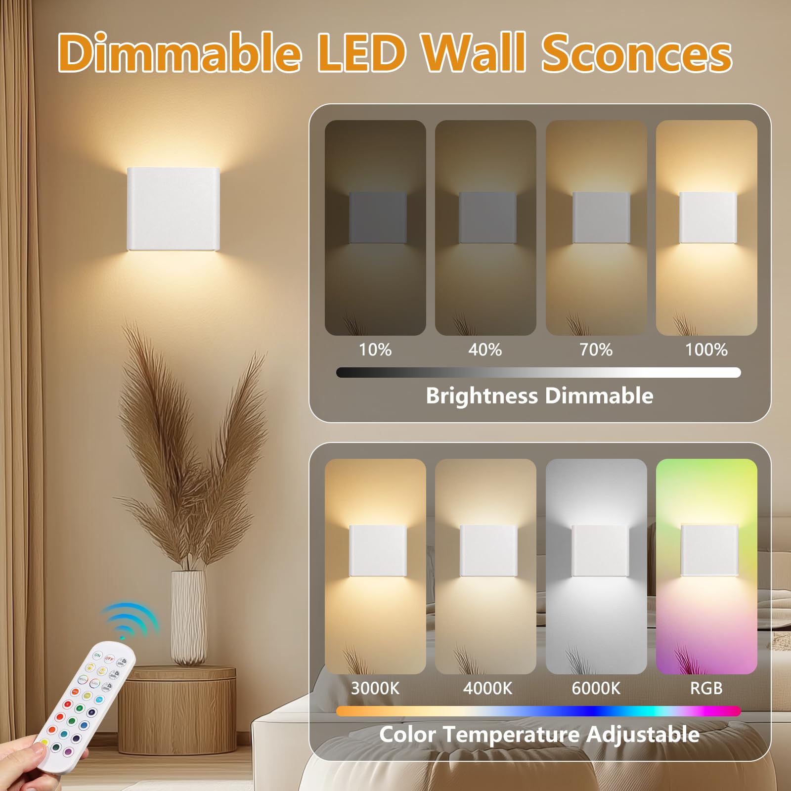 Applique Da Parete Oro Dimmerabile, Lampada A Batteria Ricaricabile USB Con Telecomando RGB, 3000K-6000K, Timer, Senza Fili, Per Camera E Corridoio, 2 Pezzi