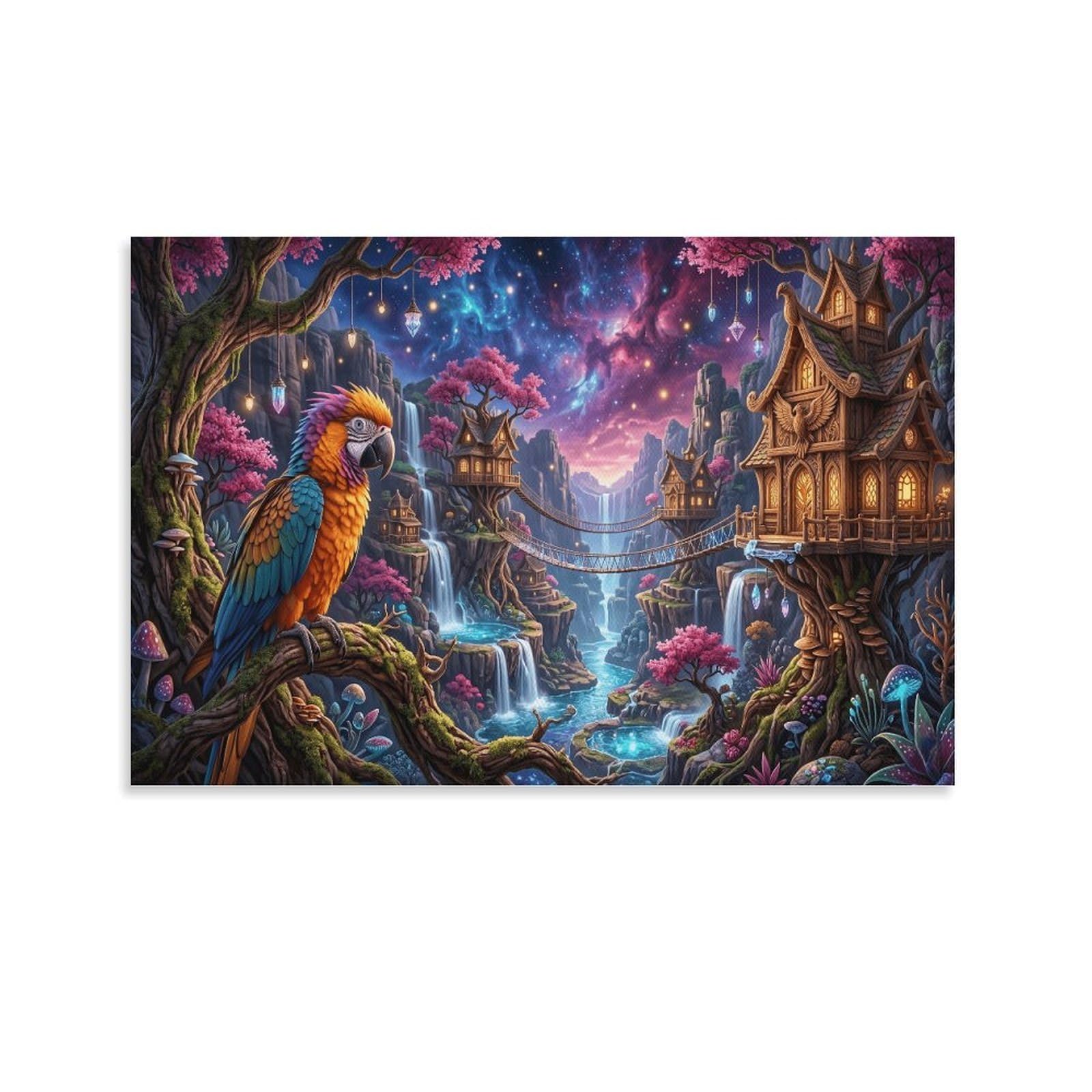 XPASHIQWC Parrot Wall Decor Poster Cherry-Blossom Treehouse Giclee Canvas Prints Modern Canvas Wall Art Picture Wall Hanging for Office Gym Living Room Decor 08x12inch(20x30cm)