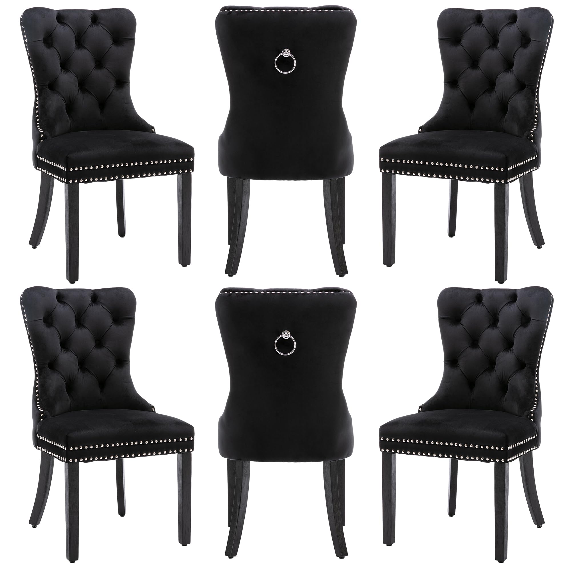 Homedraft Velvet Dining Chairs Set of 6, Nikki Collection Dining Room Chairs with Wood Legs and Pull Ring, Luxury Side Chair with Nailhead Trim and